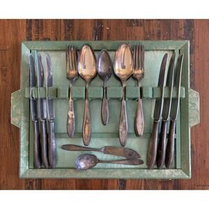 Vtg Lady Doris Princess Silverplate Flatware 26 Piece Set + Marbled Green Tray
